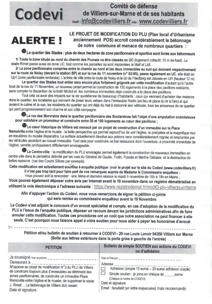 Le CODEVI lance un appel aux villiérains pour contrer la modification ...